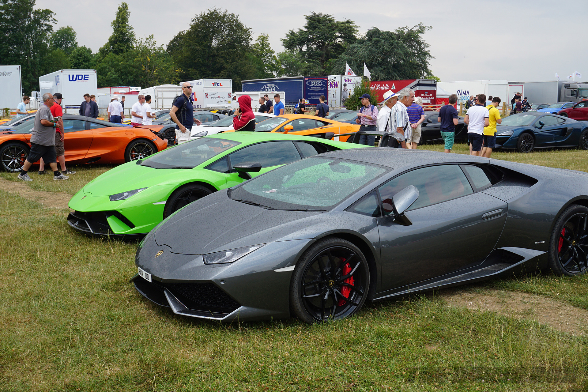 Goodwood FOS, grey and green Lamborghini Huracans