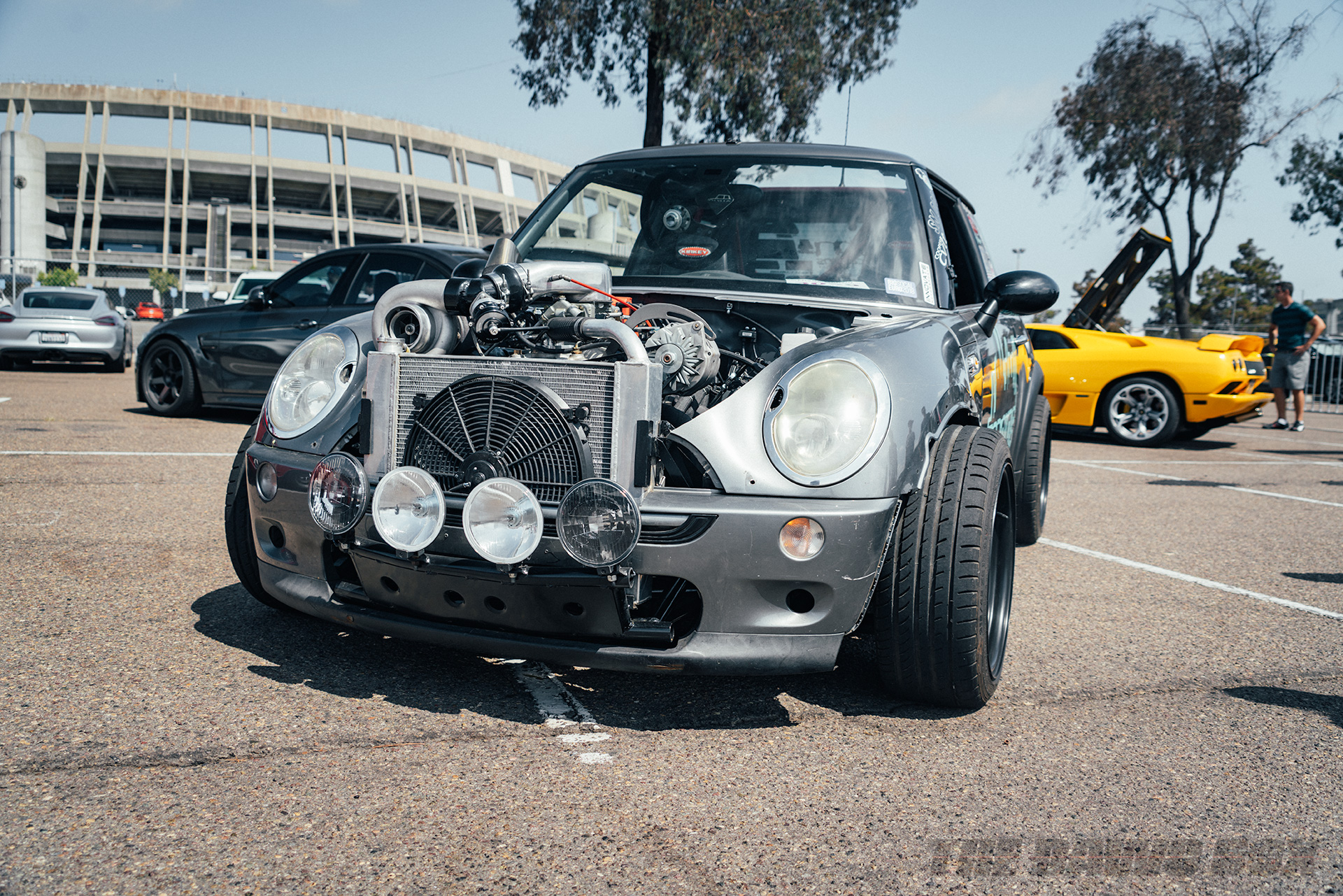 Stephan Brown’s R56 Cooper with a turbocharged Chevrolet 350ci swapped in and converted to rear-wheel-drive