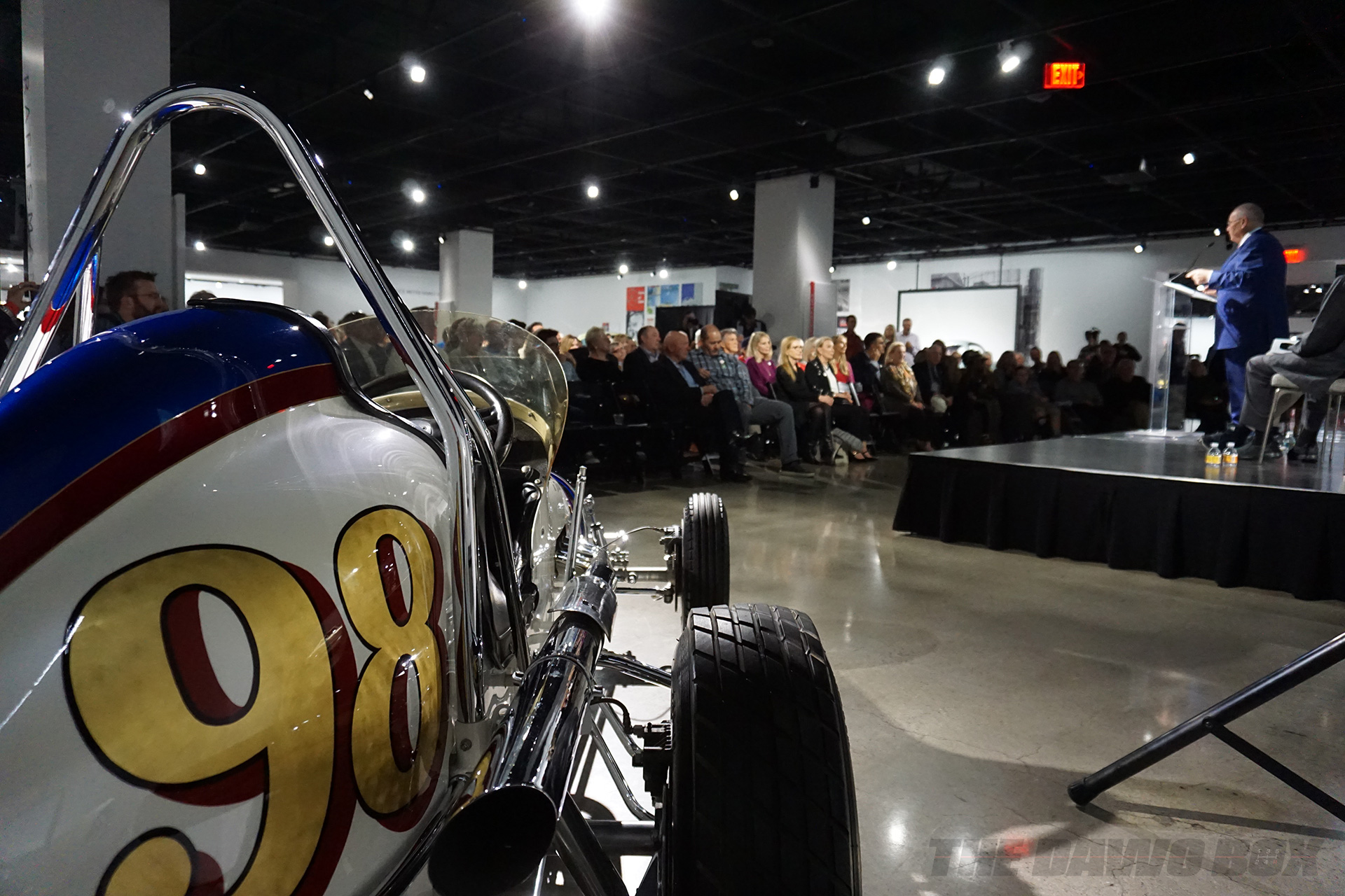 Blue, red, and white classic race car