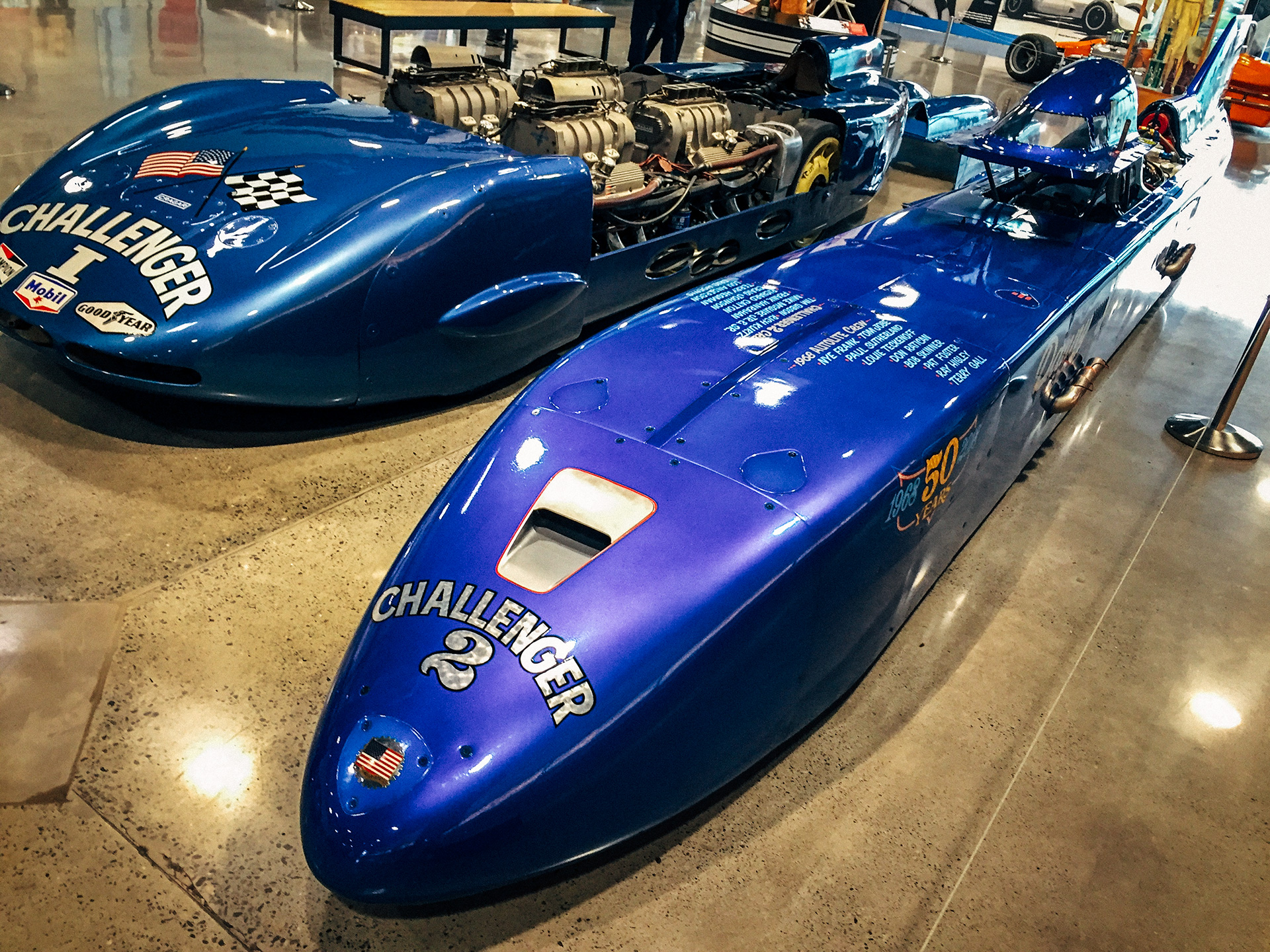 Mickey Thompson's Challenger II land speed racer next to Danny Thompson's record-setting Challenger 2 land speed racer at the World of Speed Museum