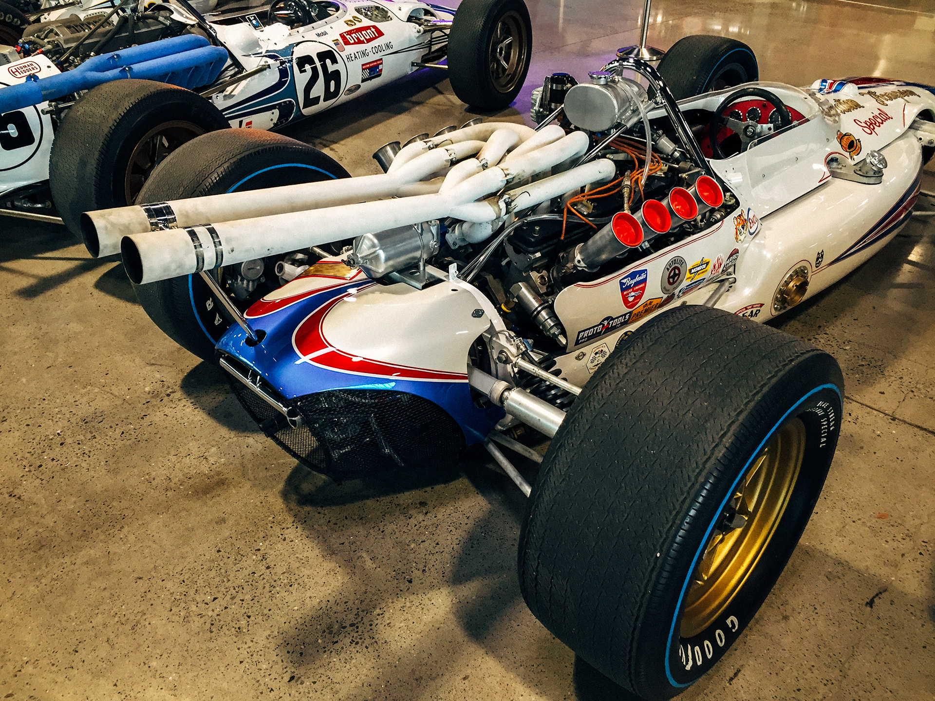 the rear mounted engine on a classic race car at the World of Speed Museum