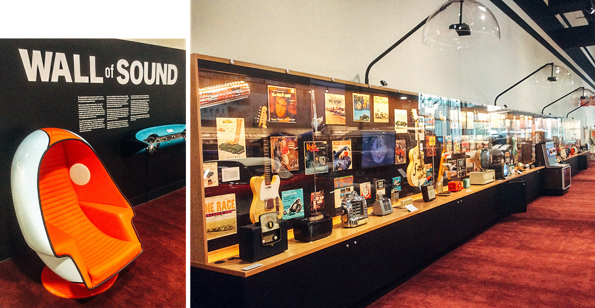 egg-shaped orange chair next to the wall of sound at the World of Speed Museum