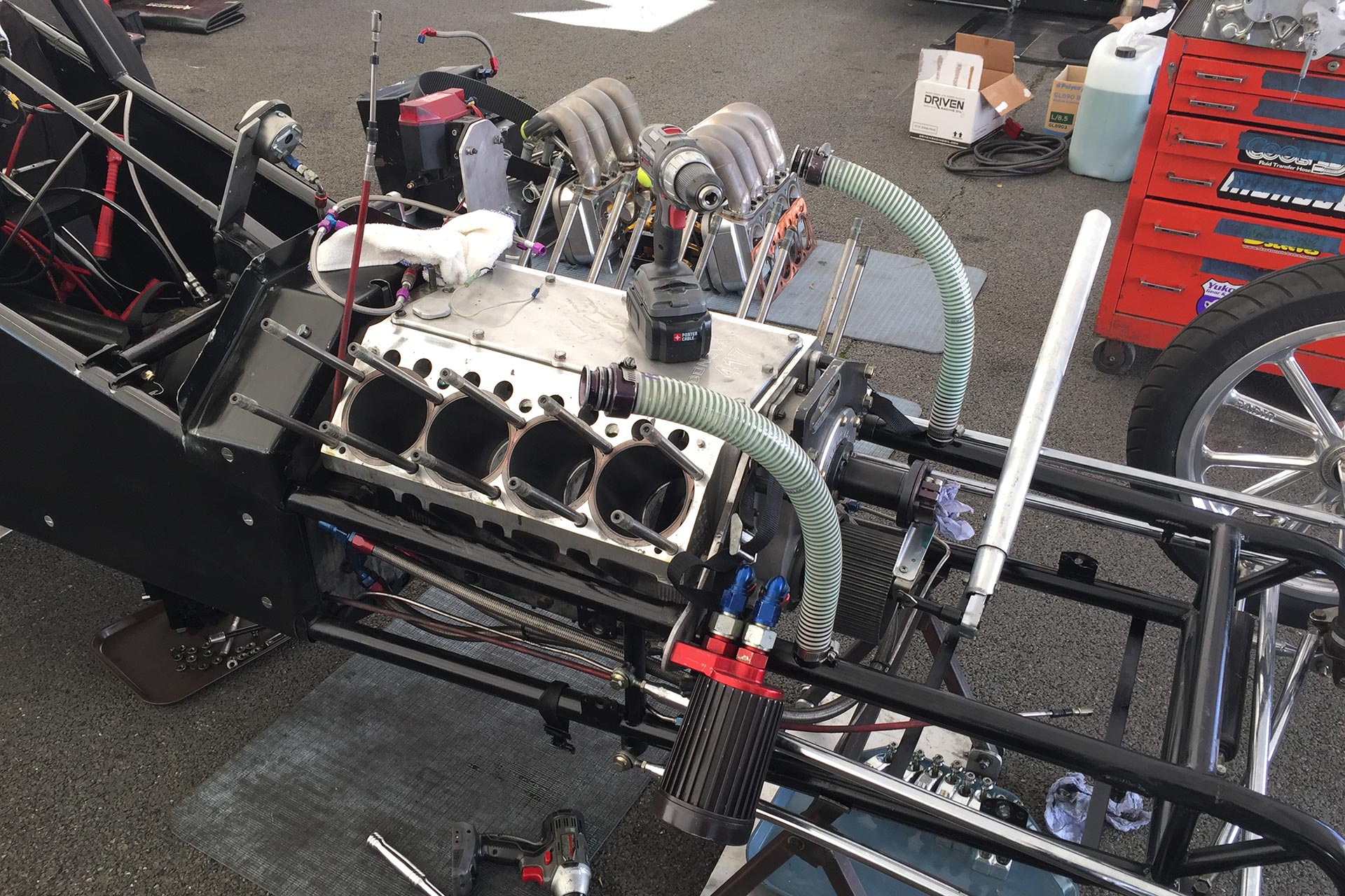 Engine between drag strip rounds