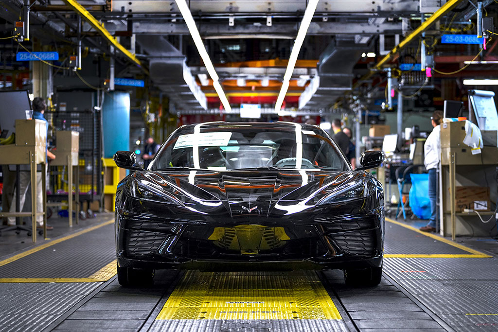 first 2020 chevrolet corvette mid engine c8 rolling off the assembly line