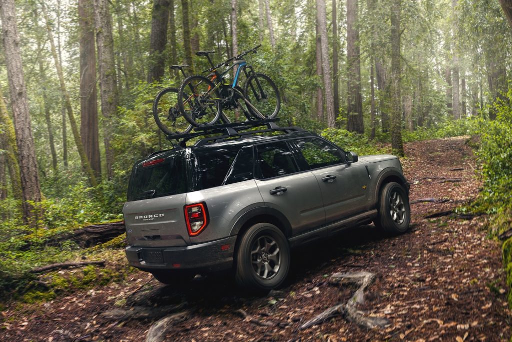 2021 Ford Bronco Sport in the forest with rooftop bike rack