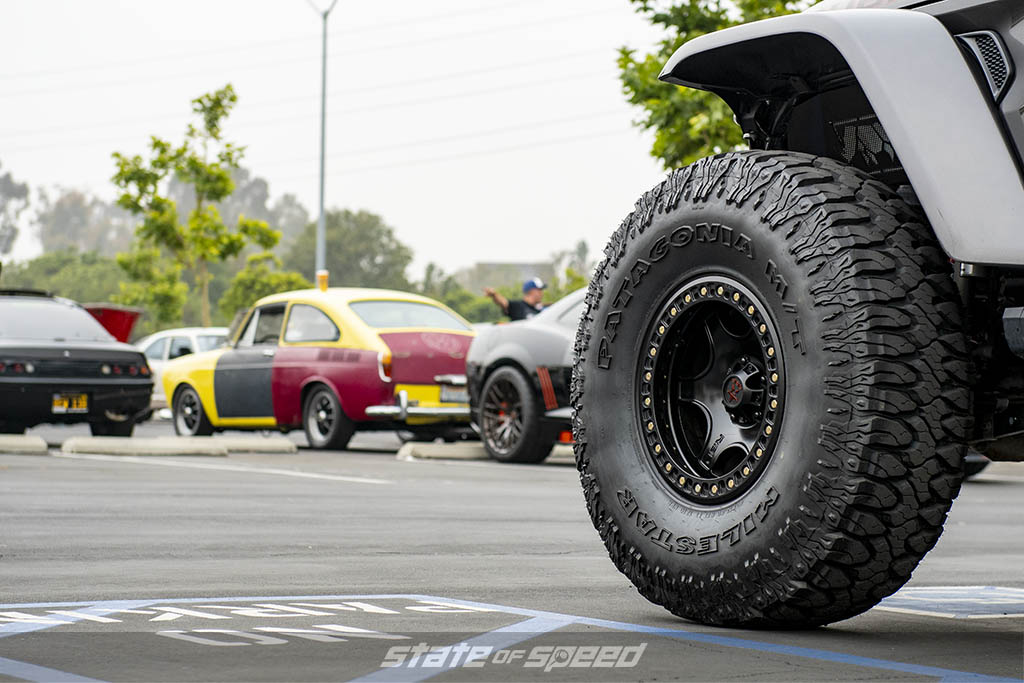 Milestar Patagonia M/T 40x13.50 R17 LT on a grey jeep rubicon at State of Speed Los Angeles LA