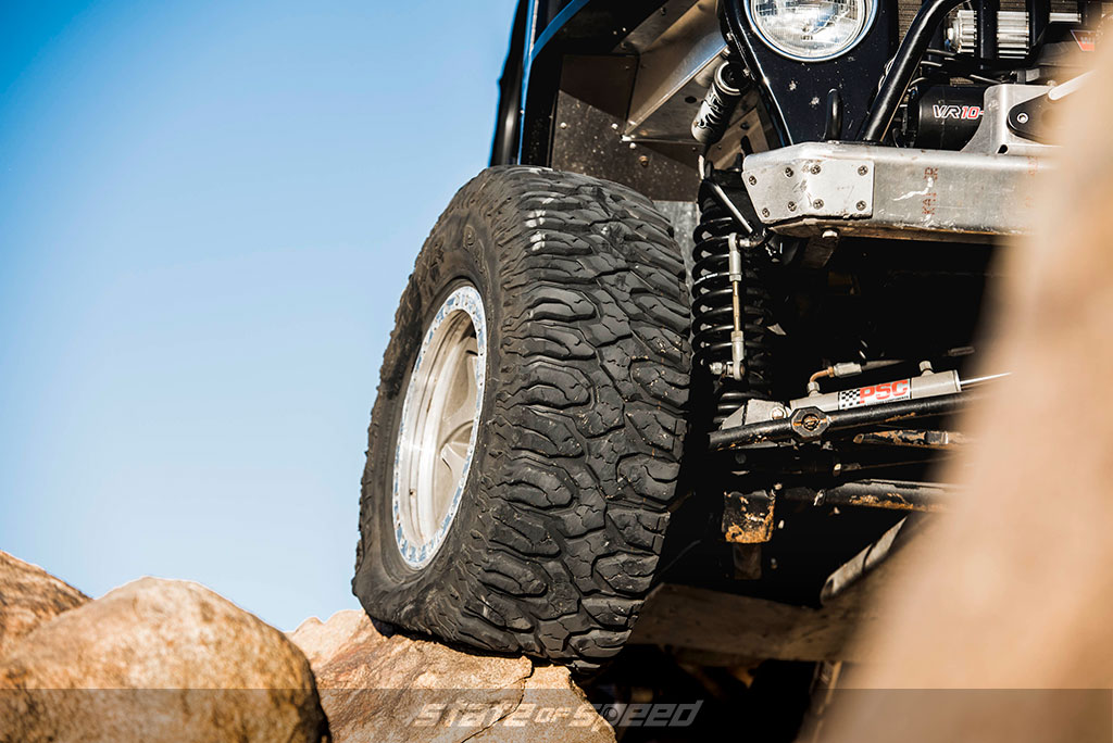Jeep offroading and rock crawling on tall Milestar Patagonia M/T tires