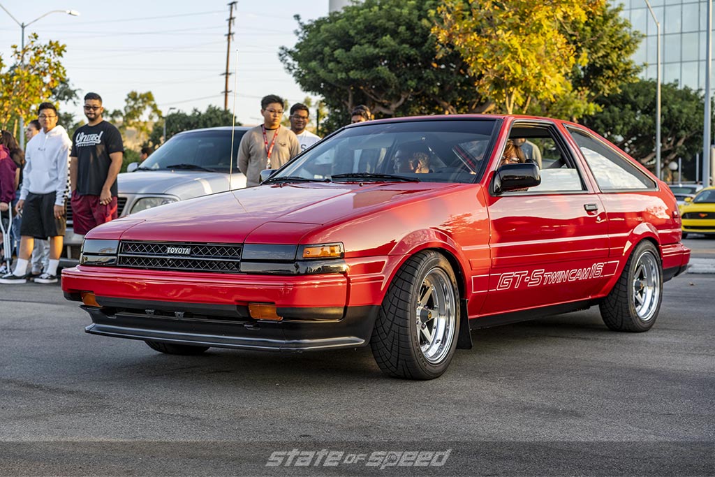 Red Toyota AE86 Corolla Levin/ Sprinter Trueno at State of Speed Los Angeles LA car meet