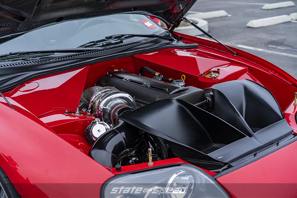 Red Toyota Supra with a highly modified 2JZ-GTE Engine