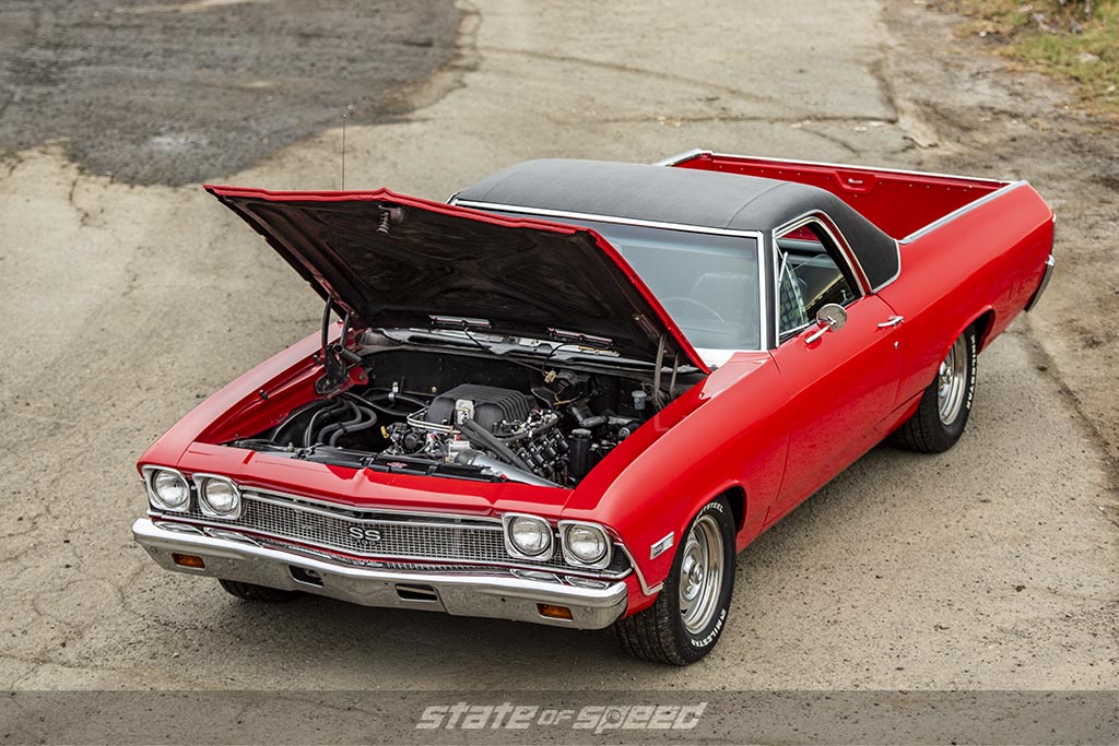 Red '68 Chevy El Camino by Hill's Rod Custom with a Supercharged LSA Crate Engine- Streetsteel - 235/60R15