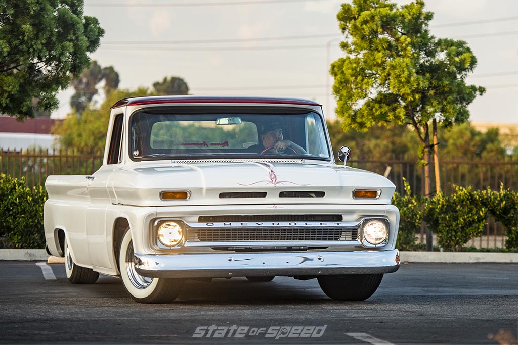 White Generation 1 Chevy C-10 Restomod with pinstriping