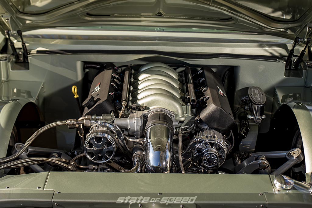 Chevy LS Engine inside a green restomod 1961 chevy impala bubbletop