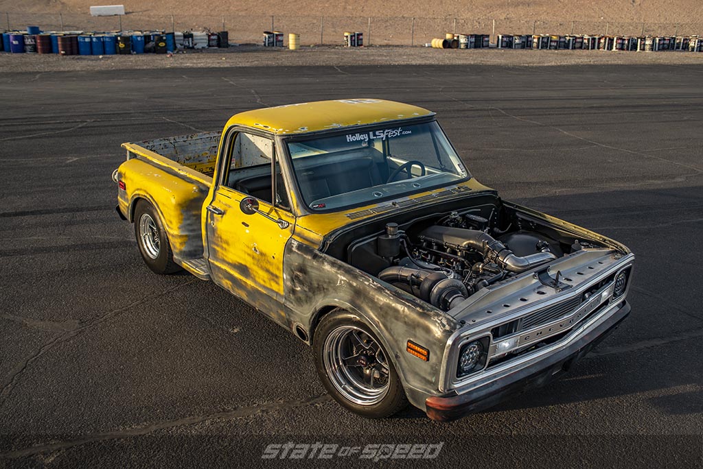 Yellow Chevrolet C-10 Stepside Restomod drag truck with an LS Swapped engine