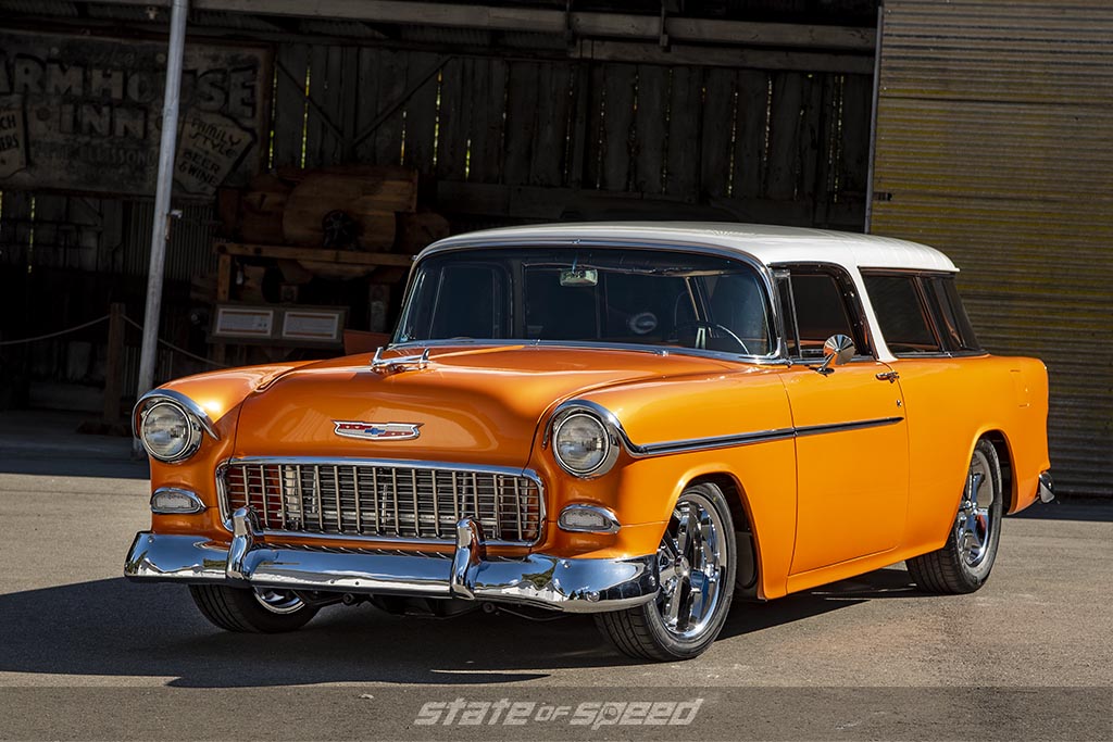 Chevy LS1 Crate Engine inside a Orange '55 Chevrolet Nomad